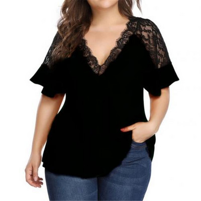 Dámske tričko Womail Plus Size s krátkym rukávom a hlbokým výstrihom do V, čipkou a voľnou blúzkou