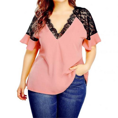 Dámske tričko Womail Plus Size s krátkym rukávom a hlbokým výstrihom do V, čipkou a voľnou blúzkou