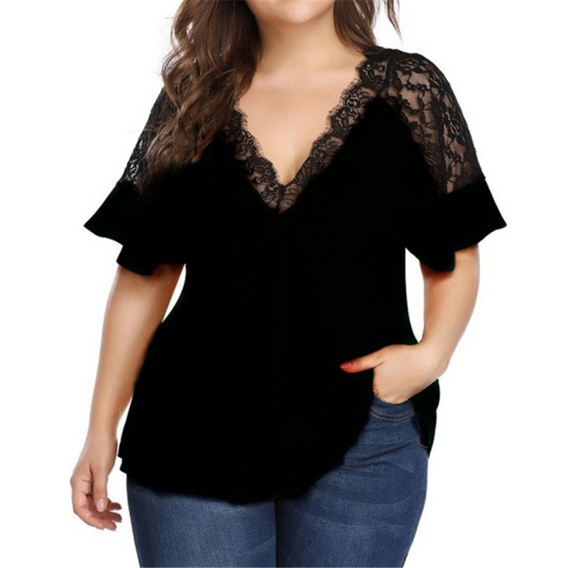 Dámske tričko Womail Plus Size s krátkym rukávom a hlbokým výstrihom do V, čipkou a voľnou blúzkou