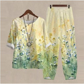 Set de două piese pentru femei, elegante, cu decolteu în formă de O, cu cinci mâneci, bluză, pantaloni, tricou largi, în două piese, costum cu pantaloni largi cu talie înaltă