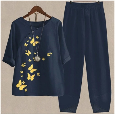 Set de două piese pentru femei, elegante, cu decolteu în formă de O, cu cinci mâneci, bluză, pantaloni, tricou largi, în două piese, costum cu pantaloni largi cu talie înaltă