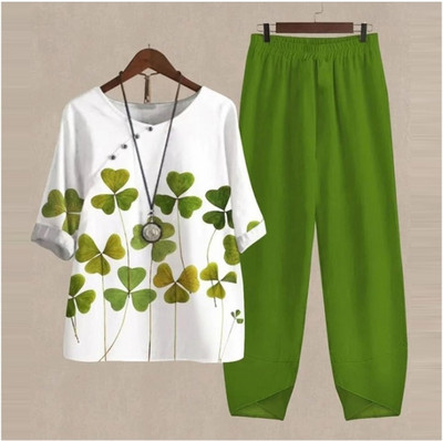 Set de două piese pentru femei, elegante, cu decolteu în formă de O, cu cinci mâneci, bluză, pantaloni, tricou largi, în două piese, costum cu pantaloni largi cu talie înaltă