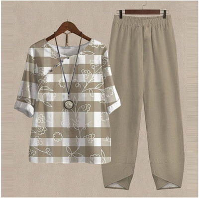 Set de două piese pentru femei, elegante, cu decolteu în formă de O, cu cinci mâneci, bluză, pantaloni, tricou largi, în două piese, costum cu pantaloni largi cu talie înaltă