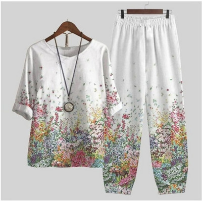 Set de două piese pentru femei, elegante, cu decolteu în formă de O, cu cinci mâneci, bluză, pantaloni, tricou largi, în două piese, costum cu pantaloni largi cu talie înaltă