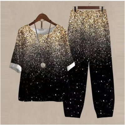 Set de două piese pentru femei, elegante, cu decolteu în formă de O, cu cinci mâneci, bluză, pantaloni, tricou largi, în două piese, costum cu pantaloni largi cu talie înaltă