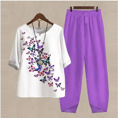Set de două piese pentru femei, elegante, cu decolteu în formă de O, cu cinci mâneci, bluză, pantaloni, tricou largi, în două piese, costum cu pantaloni largi cu talie înaltă