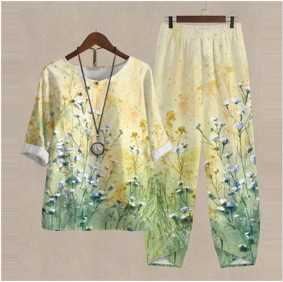 Set de două piese pentru femei, elegante, cu decolteu în formă de O, cu cinci mâneci, bluză, pantaloni, tricou largi, în două piese, costum cu pantaloni largi cu talie înaltă