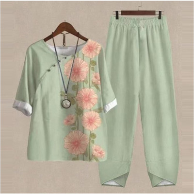 Set de două piese pentru femei, elegante, cu decolteu în formă de O, cu cinci mâneci, bluză, pantaloni, tricou largi, în două piese, costum cu pantaloni largi cu talie înaltă