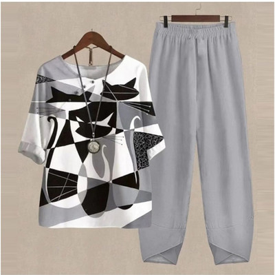 Set de două piese pentru femei, elegante, cu decolteu în formă de O, cu cinci mâneci, bluză, pantaloni, tricou largi, în două piese, costum cu pantaloni largi cu talie înaltă