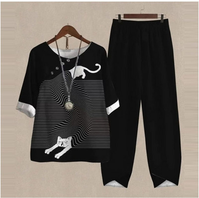 Set de două piese pentru femei, elegante, cu decolteu în formă de O, cu cinci mâneci, bluză, pantaloni, tricou largi, în două piese, costum cu pantaloni largi cu talie înaltă