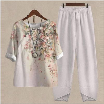 Set de două piese pentru femei, elegante, cu decolteu în formă de O, cu cinci mâneci, bluză, pantaloni, tricou largi, în două piese, costum cu pantaloni largi cu talie înaltă