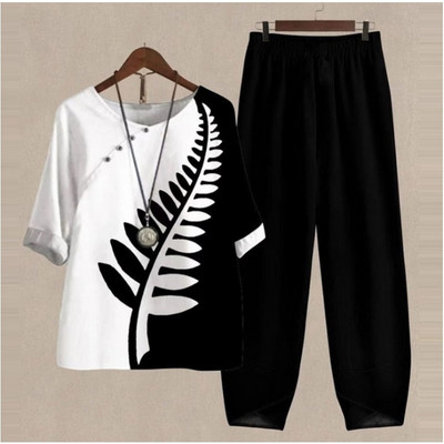 Set de două piese pentru femei, elegante, cu decolteu în formă de O, cu cinci mâneci, bluză, pantaloni, tricou largi, în două piese, costum cu pantaloni largi cu talie înaltă