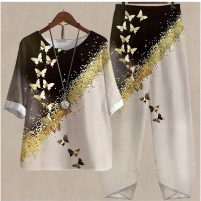 Set de două piese pentru femei, elegante, cu decolteu în formă de O, cu cinci mâneci, bluză, pantaloni, tricou largi, în două piese, costum cu pantaloni largi cu talie înaltă