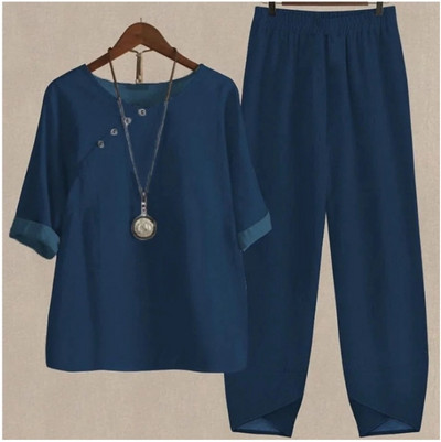 Set de două piese pentru femei, elegante, cu decolteu în formă de O, cu cinci mâneci, bluză, pantaloni, tricou largi, în două piese, costum cu pantaloni largi cu talie înaltă