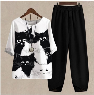 Set de două piese pentru femei, elegante, cu decolteu în formă de O, cu cinci mâneci, bluză, pantaloni, tricou largi, în două piese, costum cu pantaloni largi cu talie înaltă