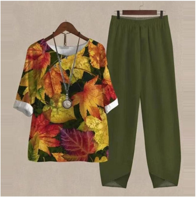 Set de două piese pentru femei, elegante, cu decolteu în formă de O, cu cinci mâneci, bluză, pantaloni, tricou largi, în două piese, costum cu pantaloni largi cu talie înaltă