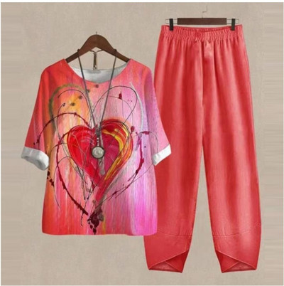 Set de două piese pentru femei, elegante, cu decolteu în formă de O, cu cinci mâneci, bluză, pantaloni, tricou largi, în două piese, costum cu pantaloni largi cu talie înaltă