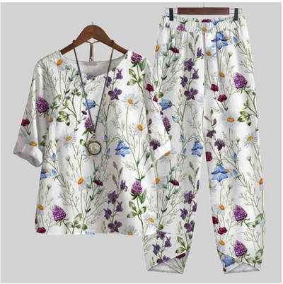 Set de două piese pentru femei, elegante, cu decolteu în formă de O, cu cinci mâneci, bluză, pantaloni, tricou largi, în două piese, costum cu pantaloni largi cu talie înaltă