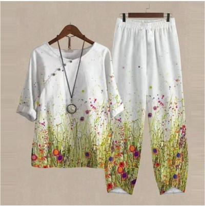 Set de două piese pentru femei, elegante, cu decolteu în formă de O, cu cinci mâneci, bluză, pantaloni, tricou largi, în două piese, costum cu pantaloni largi cu talie înaltă