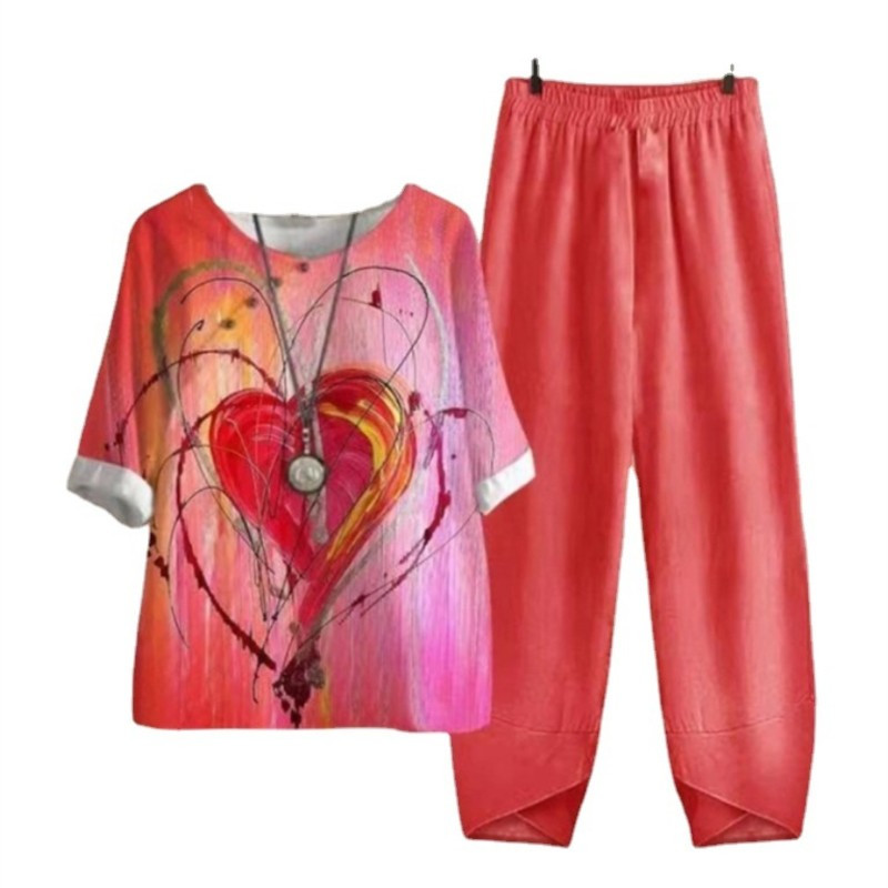 Set de două piese pentru femei, elegante, cu decolteu în formă de O, cu cinci mâneci, bluză, pantaloni, tricou largi, în două piese, costum cu pantaloni largi cu talie înaltă