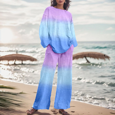 Dámska módna dvojdielna súprava s gradientnou farbou a nohavicami, jesenný oblek s prechodovou farbou 2023, voľné nadrozmerné elegantné tepláky