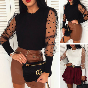 Mesh See Through Dot Puff Πουκάμισο μανίκι Γυναικεία μακρυμάνικη μπλούζα Πλεκτά γραφείου Διαφανή casual πουκάμισα Blusas Mulher Elegantes