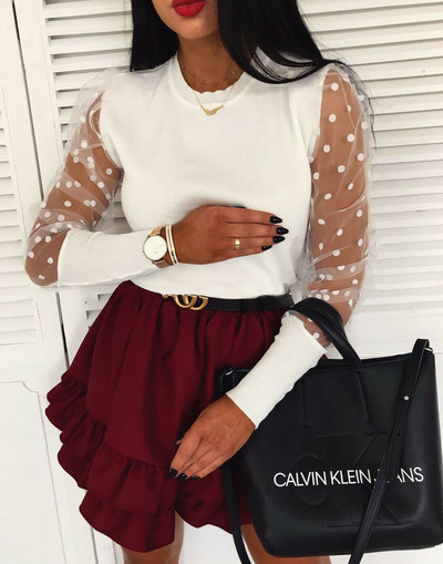 Tinklelis permatomas pūstas rankoves marškiniai moteriški ilgomis rankovėmis palaidinė Biuro mezginiai Permatomi laisvalaikio marškiniai Blusas Mulher Elegantes