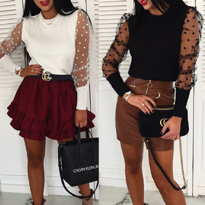 Cămașă cu mânecă bufantă din plasă, cu punct transparent, bluză cu mânecă lungă pentru femei, tricotaje de birou, cămăși ocazionale transparente Bluse Mulher Elegantes