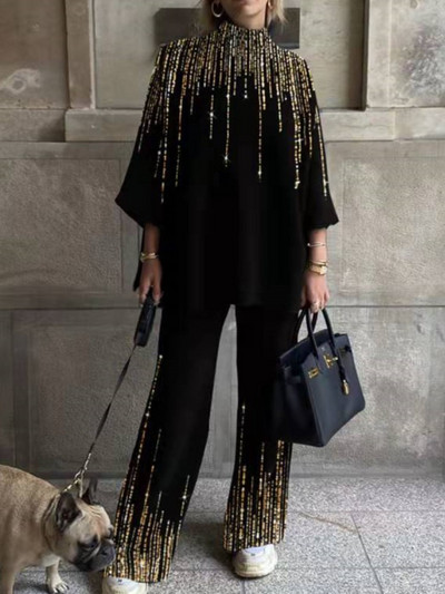 Sieviešu jauns rudens un ziemas modes apdrukāts uzvalks ar bruņurupuču apkakli ikdienišķs brīvas taisnas bikses biroja sieviešu elegants 2 daļu komplekts