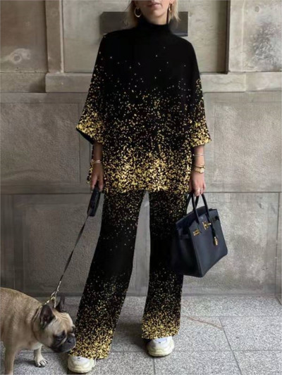 Sieviešu jauns rudens un ziemas modes apdrukāts uzvalks ar bruņurupuču apkakli ikdienišķs brīvas taisnas bikses biroja sieviešu elegants 2 daļu komplekts