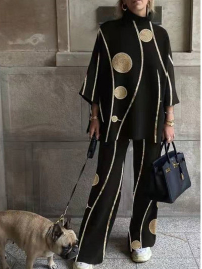 Sieviešu jauns rudens un ziemas modes apdrukāts uzvalks ar bruņurupuču apkakli ikdienišķs brīvas taisnas bikses biroja sieviešu elegants 2 daļu komplekts