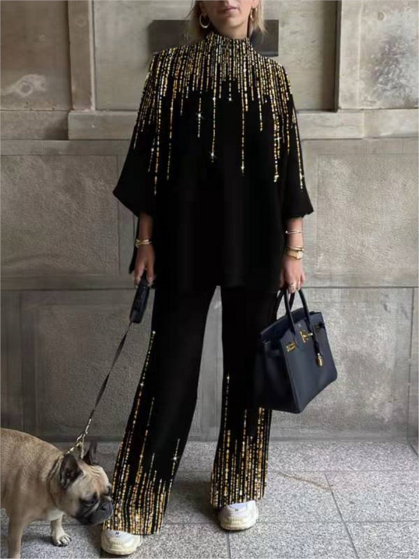 Sieviešu jauns rudens un ziemas modes apdrukāts uzvalks ar bruņurupuču apkakli ikdienišķs brīvas taisnas bikses biroja sieviešu elegants 2 daļu komplekts