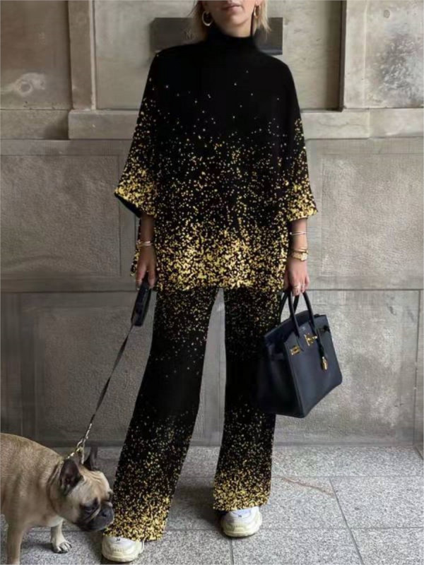 Sieviešu jauns rudens un ziemas modes apdrukāts uzvalks ar bruņurupuču apkakli ikdienišķs brīvas taisnas bikses biroja sieviešu elegants 2 daļu komplekts