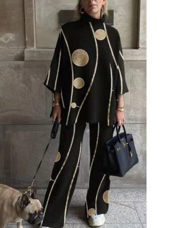 Sieviešu jauns rudens un ziemas modes apdrukāts uzvalks ar bruņurupuču apkakli ikdienišķs brīvas taisnas bikses biroja sieviešu elegants 2 daļu komplekts