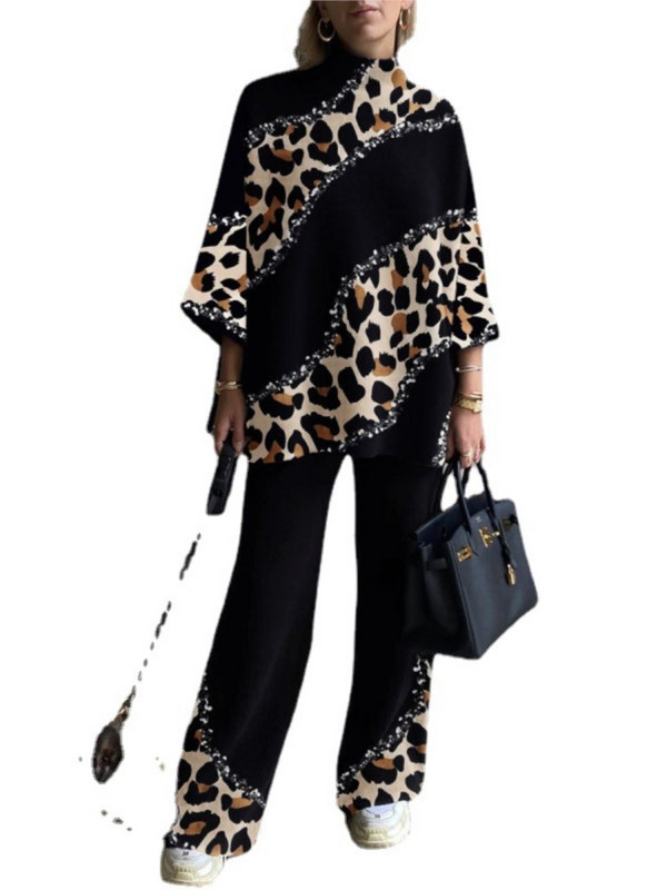 Sieviešu jauns rudens un ziemas modes apdrukāts uzvalks ar bruņurupuču apkakli ikdienišķs brīvas taisnas bikses biroja sieviešu elegants 2 daļu komplekts