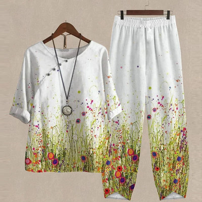 Ljetni dvodijelni kompleti Ženska odjeća O izrez Cvjetni print Široka košulja kratkih rukava Odijelo s hlačama visokog struka 2023.
