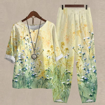 Ljetni dvodijelni kompleti Ženska odjeća O izrez Cvjetni print Široka košulja kratkih rukava Odijelo s hlačama visokog struka 2023.