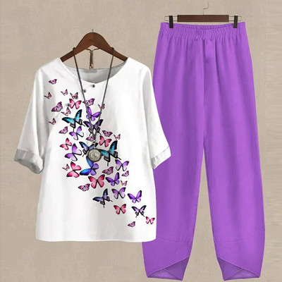 Ljetni dvodijelni kompleti Ženska odjeća O izrez Cvjetni print Široka košulja kratkih rukava Odijelo s hlačama visokog struka 2023.