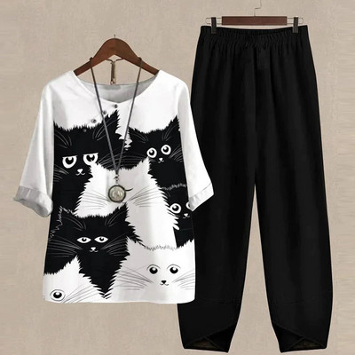 Ljetni dvodijelni kompleti Ženska odjeća O izrez Cvjetni print Široka košulja kratkih rukava Odijelo s hlačama visokog struka 2023.