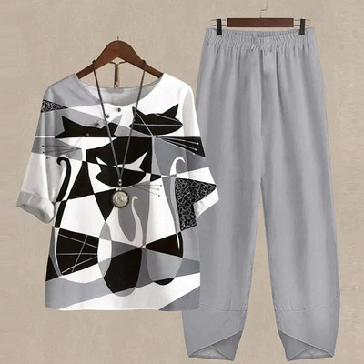 Ljetni dvodijelni kompleti Ženska odjeća O izrez Cvjetni print Široka košulja kratkih rukava Odijelo s hlačama visokog struka 2023.