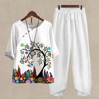 Ljetni dvodijelni kompleti Ženska odjeća O izrez Cvjetni print Široka košulja kratkih rukava Odijelo s hlačama visokog struka 2023.