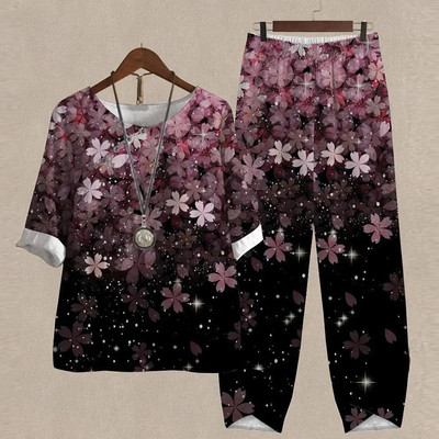 Ljetni dvodijelni kompleti Ženska odjeća O izrez Cvjetni print Široka košulja kratkih rukava Odijelo s hlačama visokog struka 2023.