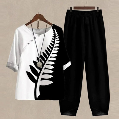 Ljetni dvodijelni kompleti Ženska odjeća O izrez Cvjetni print Široka košulja kratkih rukava Odijelo s hlačama visokog struka 2023.