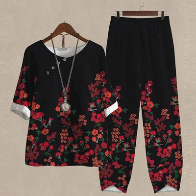 Ljetni dvodijelni kompleti Ženska odjeća O izrez Cvjetni print Široka košulja kratkih rukava Odijelo s hlačama visokog struka 2023.