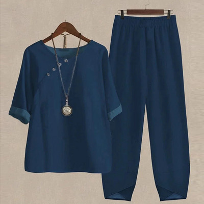 Ljetni dvodijelni kompleti Ženska odjeća O izrez Cvjetni print Široka košulja kratkih rukava Odijelo s hlačama visokog struka 2023.