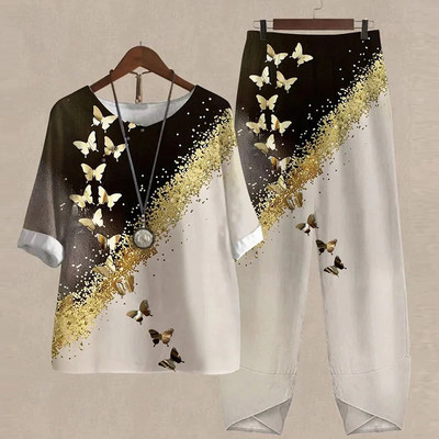 Ljetni dvodijelni kompleti Ženska odjeća O izrez Cvjetni print Široka košulja kratkih rukava Odijelo s hlačama visokog struka 2023.