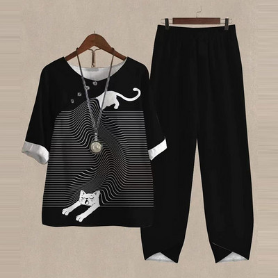 Ljetni dvodijelni kompleti Ženska odjeća O izrez Cvjetni print Široka košulja kratkih rukava Odijelo s hlačama visokog struka 2023.