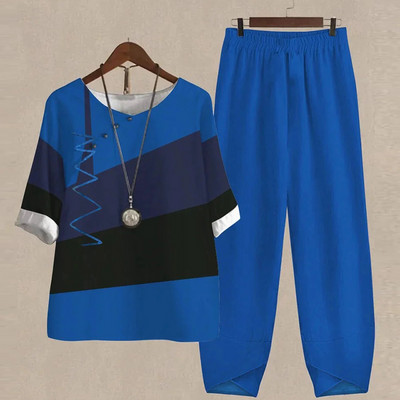 Ljetni dvodijelni kompleti Ženska odjeća O izrez Cvjetni print Široka košulja kratkih rukava Odijelo s hlačama visokog struka 2023.