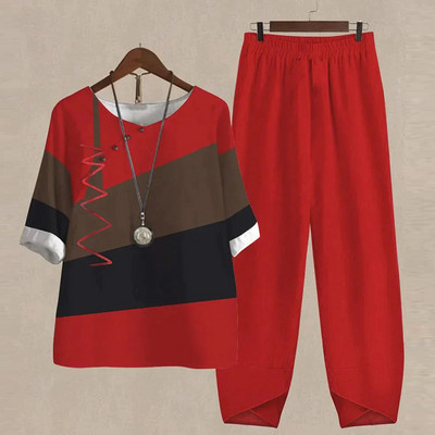 Ljetni dvodijelni kompleti Ženska odjeća O izrez Cvjetni print Široka košulja kratkih rukava Odijelo s hlačama visokog struka 2023.