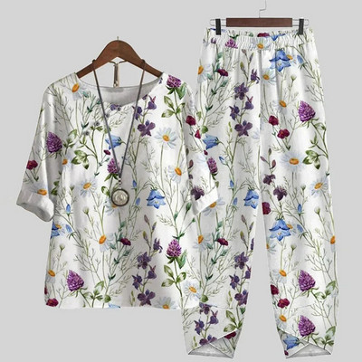 Ljetni dvodijelni kompleti Ženska odjeća O izrez Cvjetni print Široka košulja kratkih rukava Odijelo s hlačama visokog struka 2023.